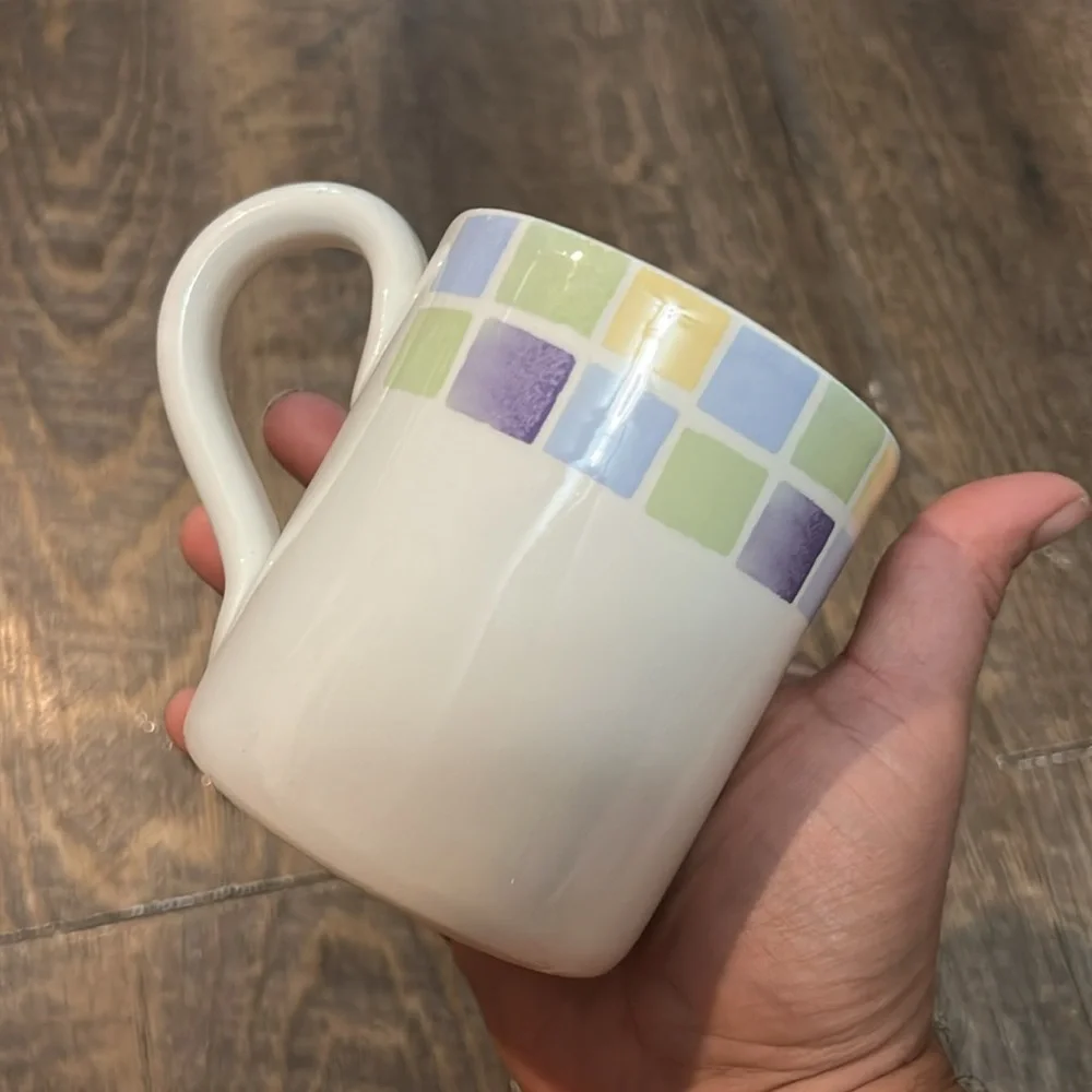 Pier 1 Hand Painted Italian Tosca 99 Coffee Mug Yellow, Green, Purple Checked‎
